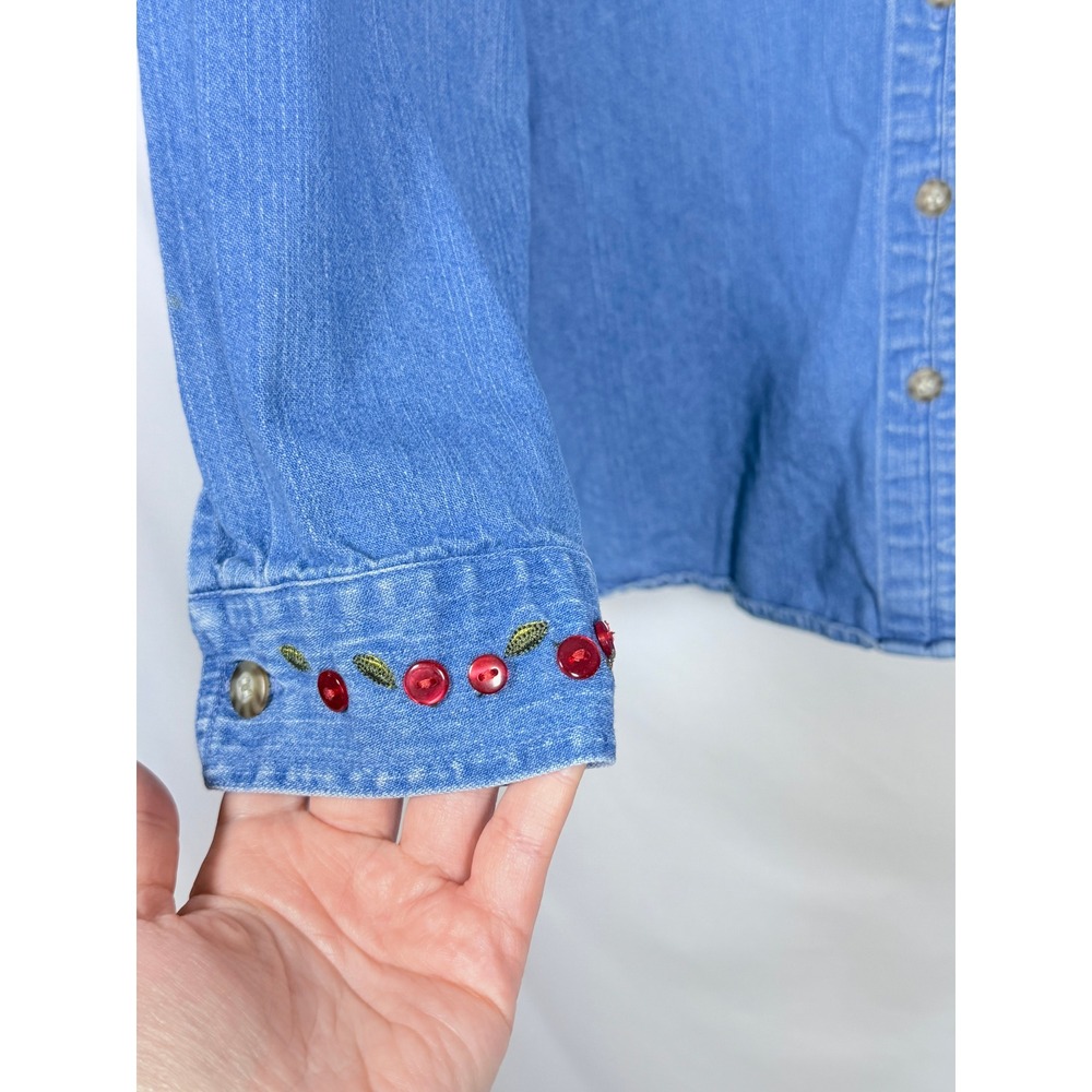 Denim Button Down Fall Autumn vtg Plus Size 1X Blue Cotton Embroidered Apples - Picture 3 of 10